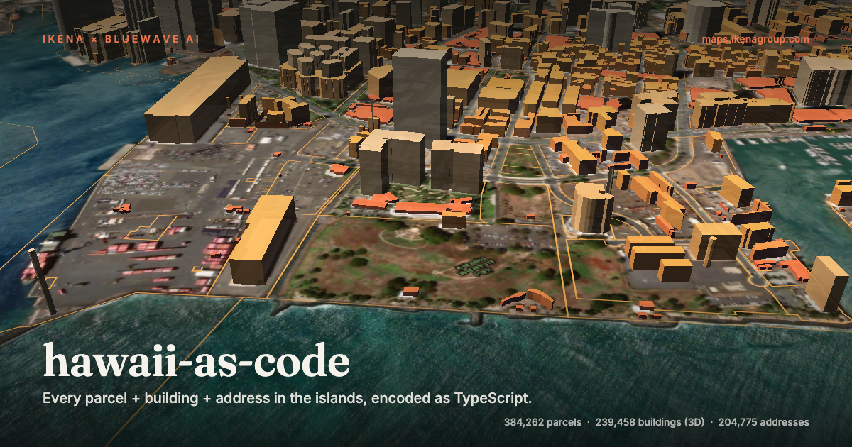3D map of downtown Honolulu showing extruded building footprints over satellite imagery — hawaii-as-code by Ikena Group + BlueWave AI